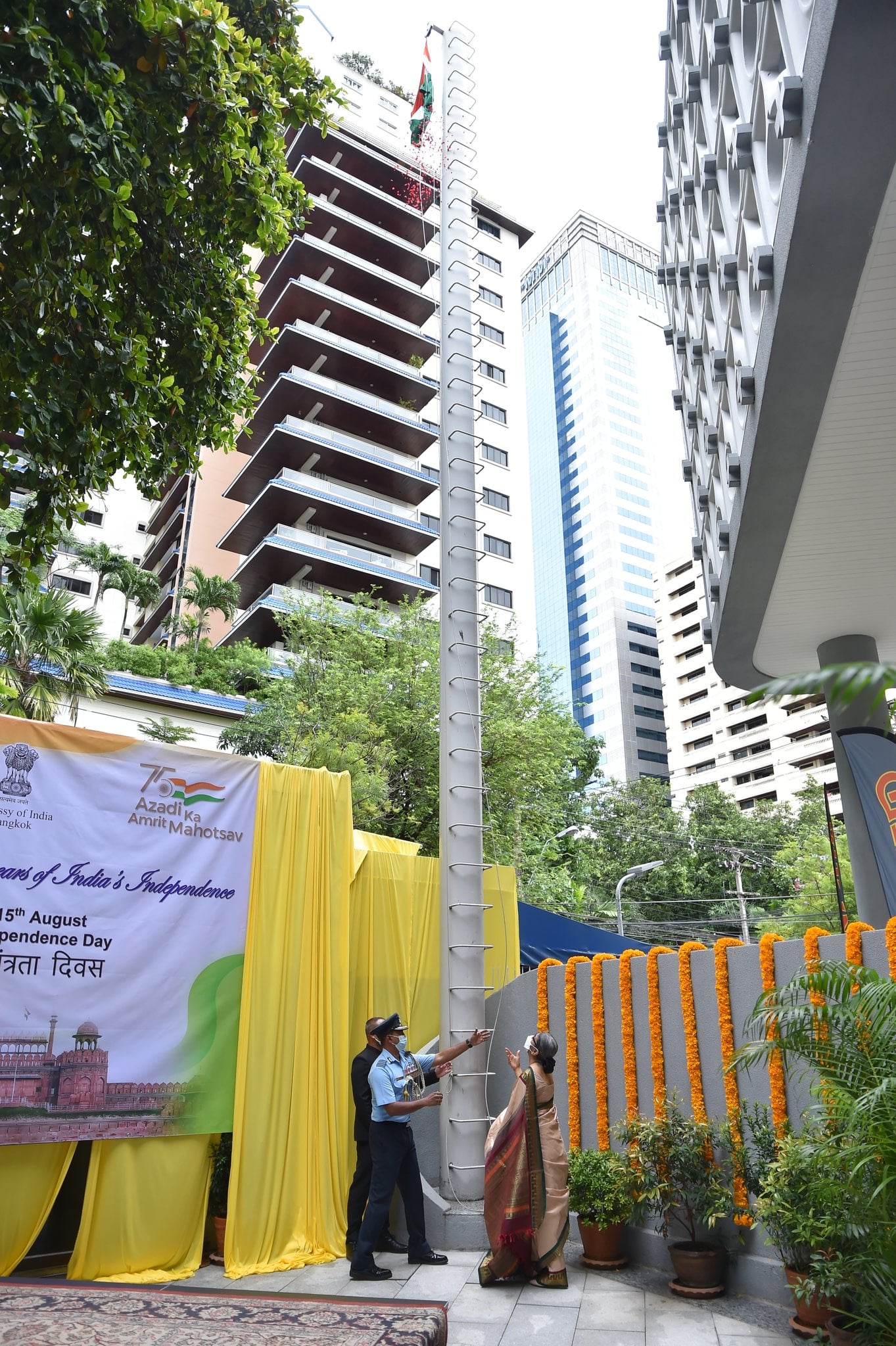 Ambassador Suchitra Durai hoists the tricolour in Bangkok on the 75th Independence Day