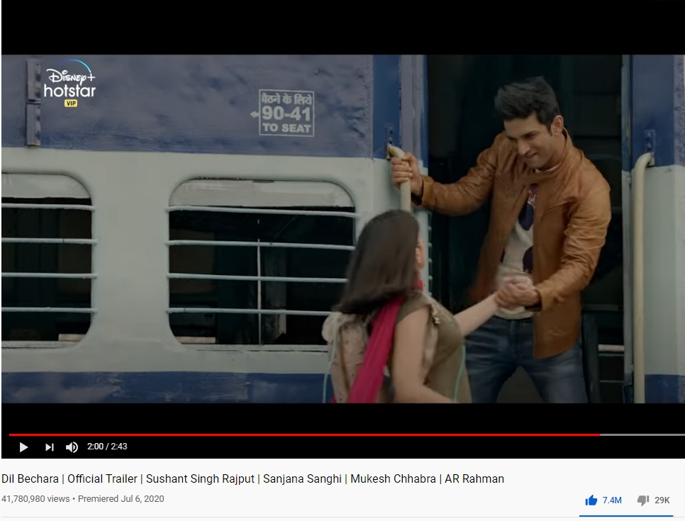 Sushant Singh Rajput’s Dil Bechara trailer has an astonish 7.5 million likes on YouTube