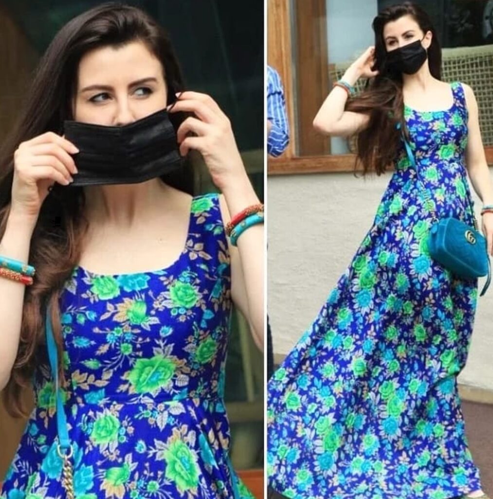 Giorgia Andriani giving us ‘Desi Girl’ vibe in this this blue floral maxi dress along with Rs 10,000 Gucci sling bag as she was spotted around in the city